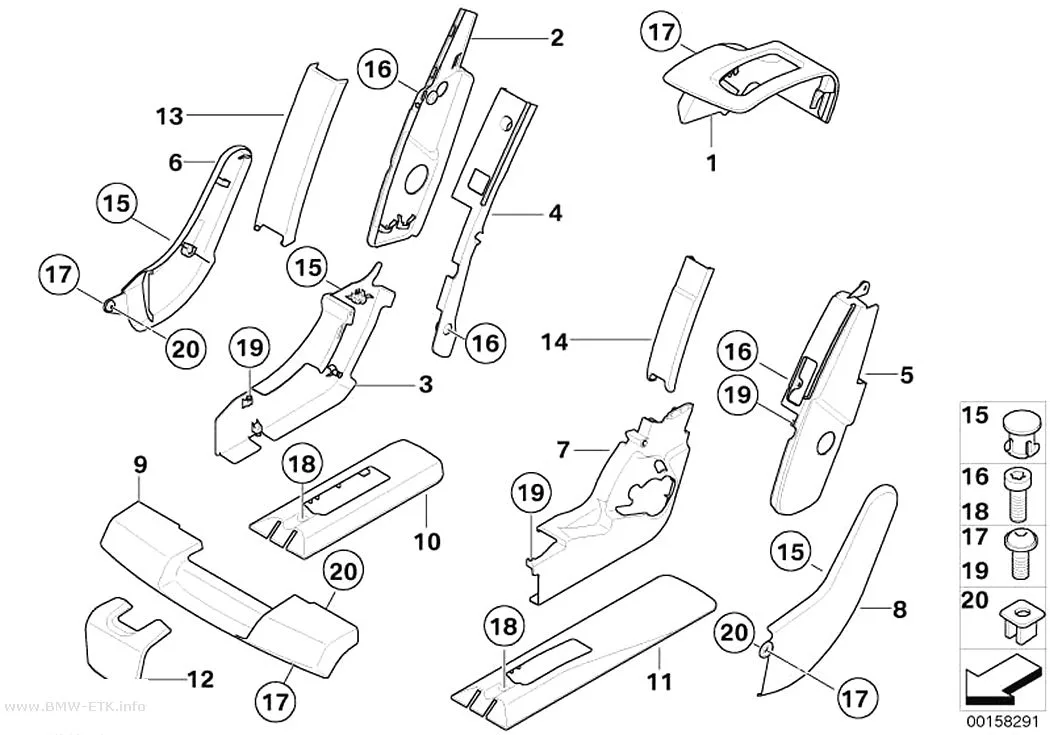 Šema: Zadnje sedište, obloge sedišta, desno