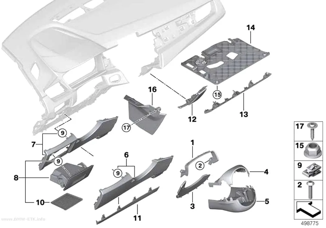 Šema: Donji delovi za pričvršćivanje instrument table