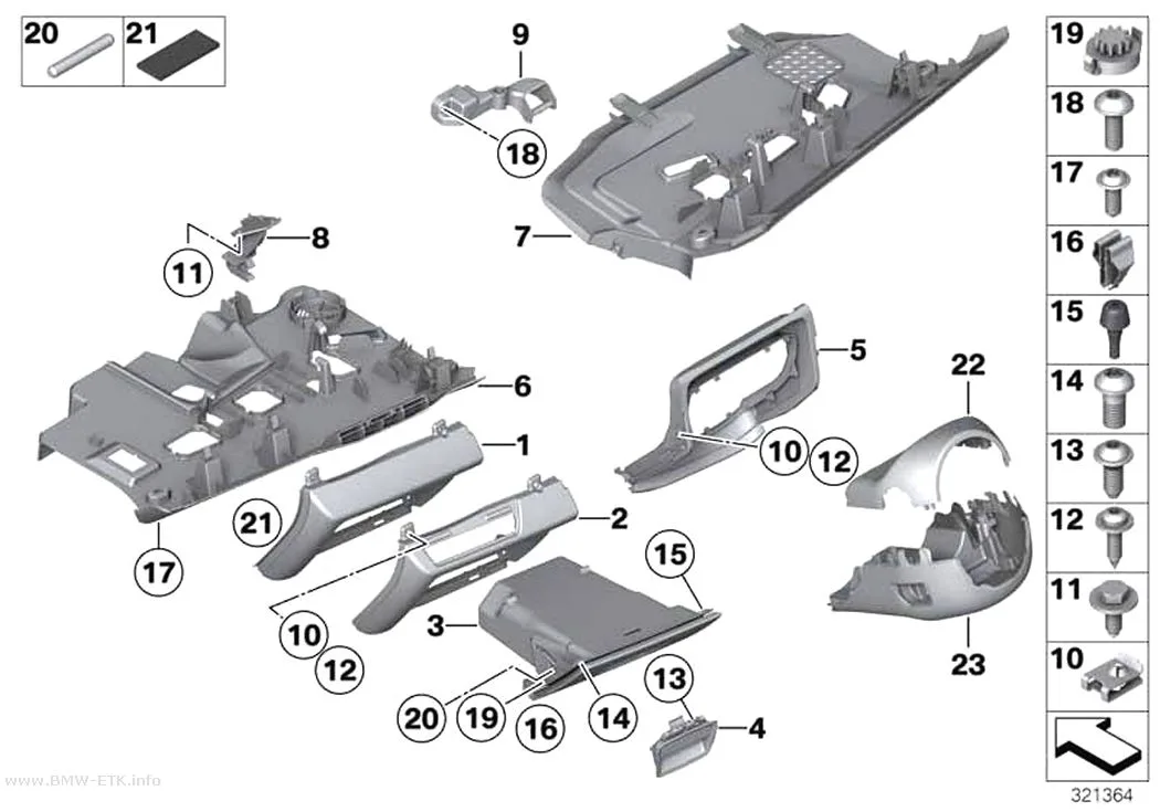 Šema: Donji delovi za pričvršćivanje instrument table