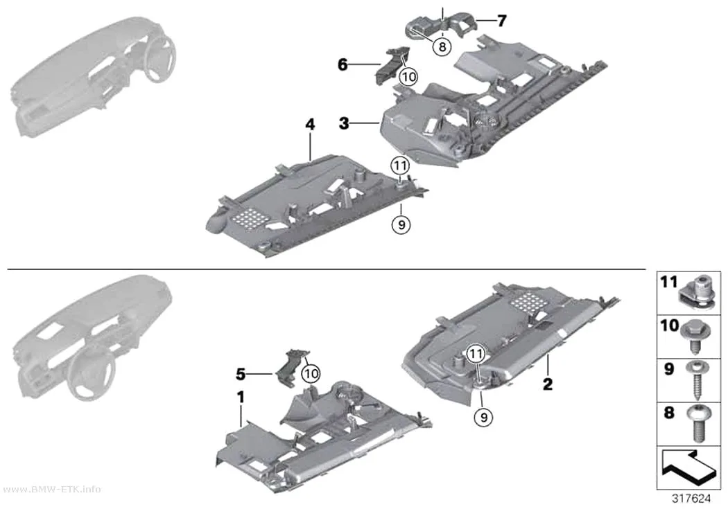 Šema: Donji delovi za pričvršćivanje instrument table