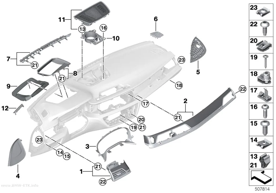 Šema: Gornji delovi za pričvršćivanje instrument table