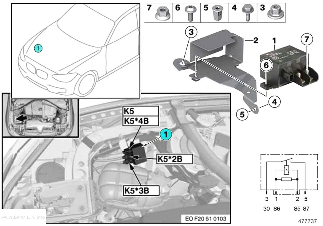 Šema: Relej elektromotora ventilatora 850 W K5