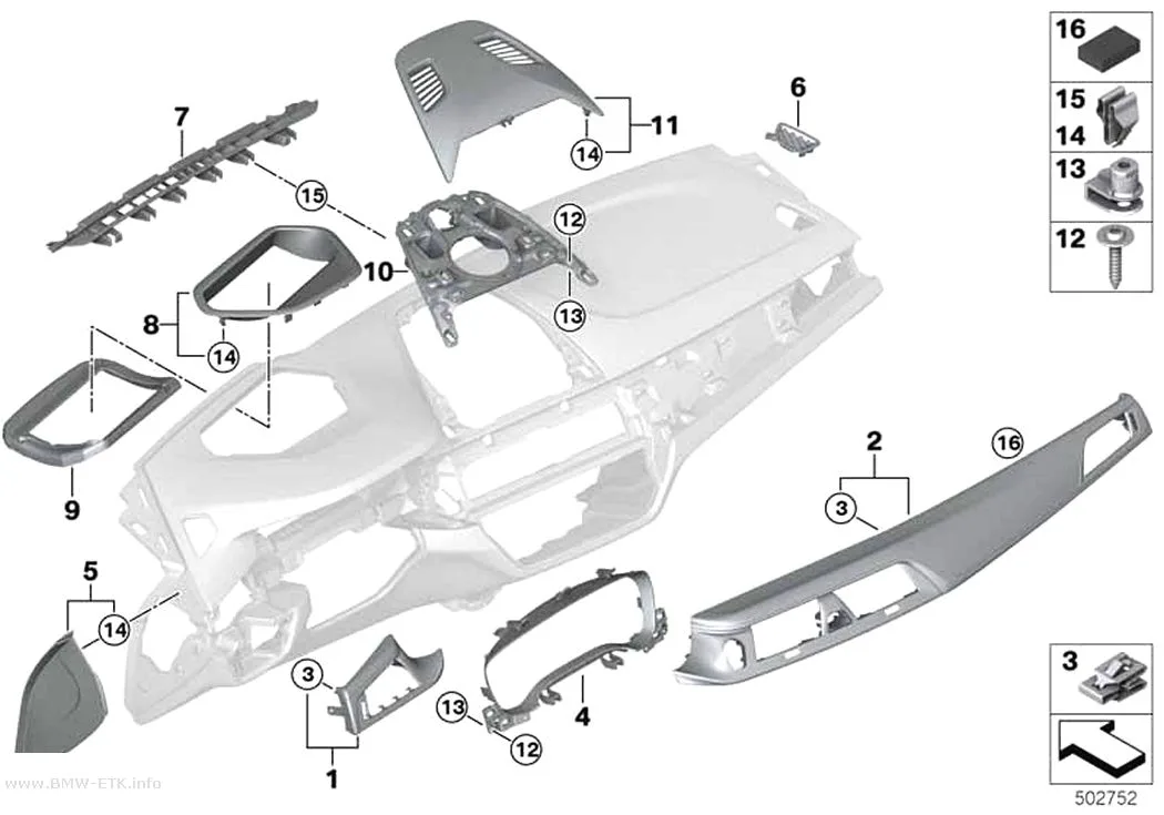 Šema: Gornji delovi za pričvršćivanje instrument table