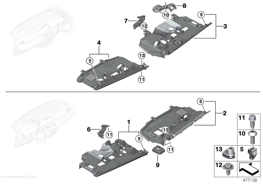 Šema: Donji delovi za pričvršćivanje instrument table