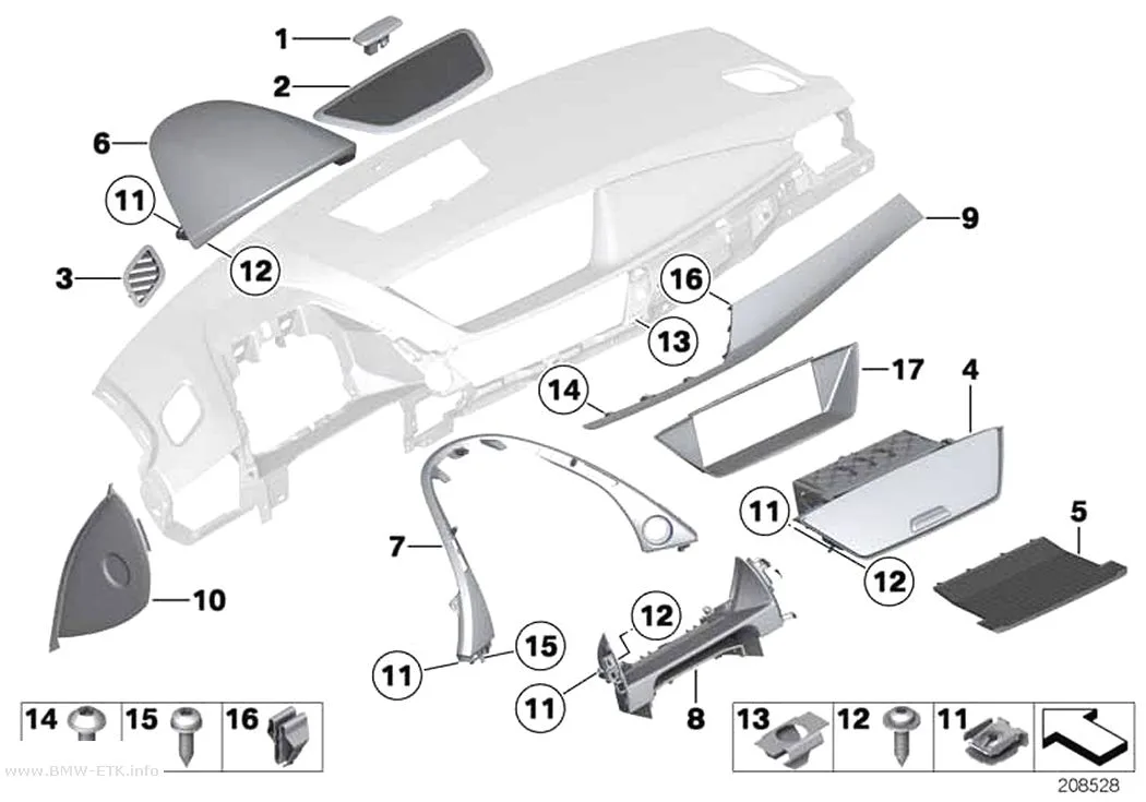 Šema: Gornji delovi za pričvršćivanje instrument table
