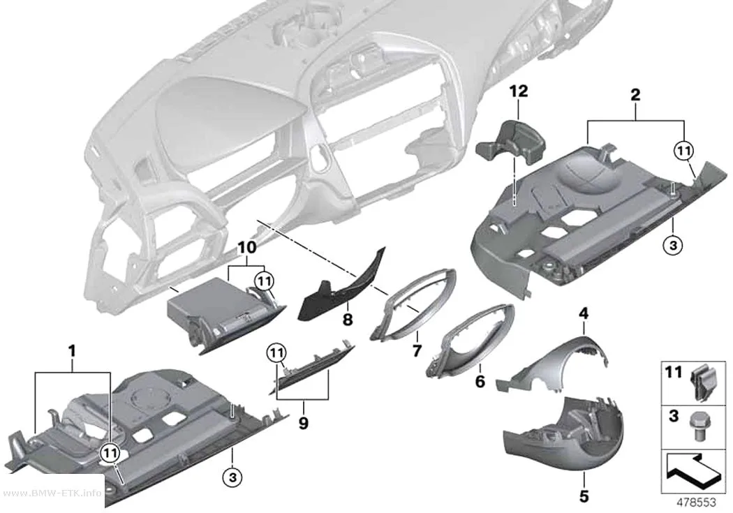 Šema: Donji delovi za pričvršćivanje instrument table