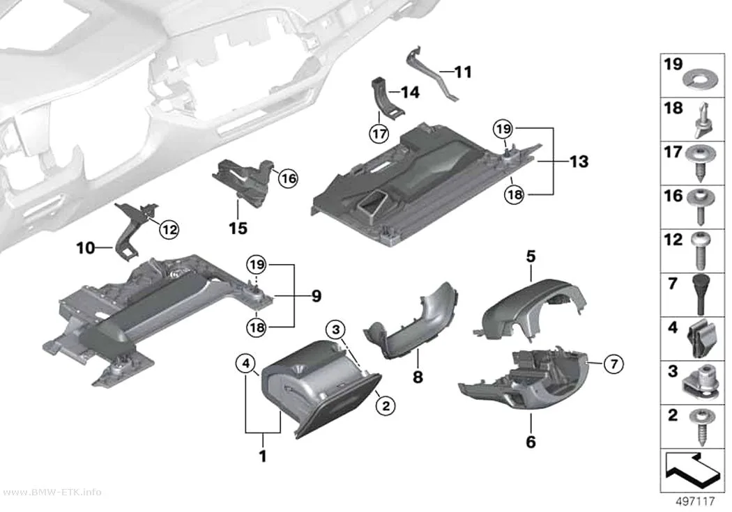 Šema: Donji delovi za pričvršćivanje instrument table