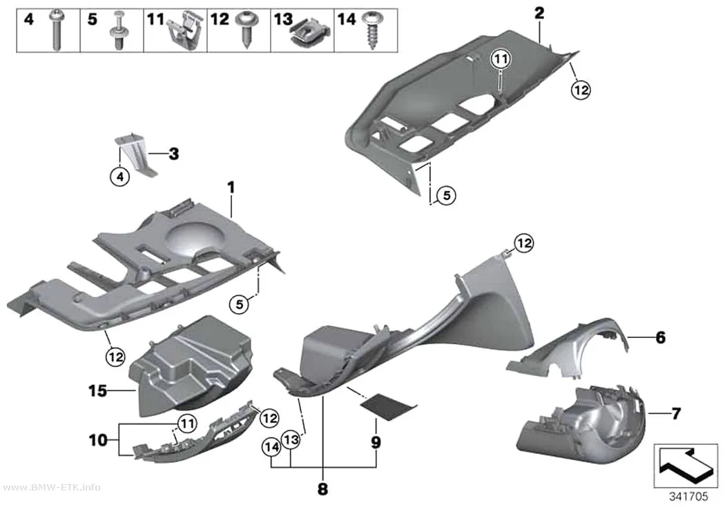 Šema: Donji delovi za pričvršćivanje instrument table
