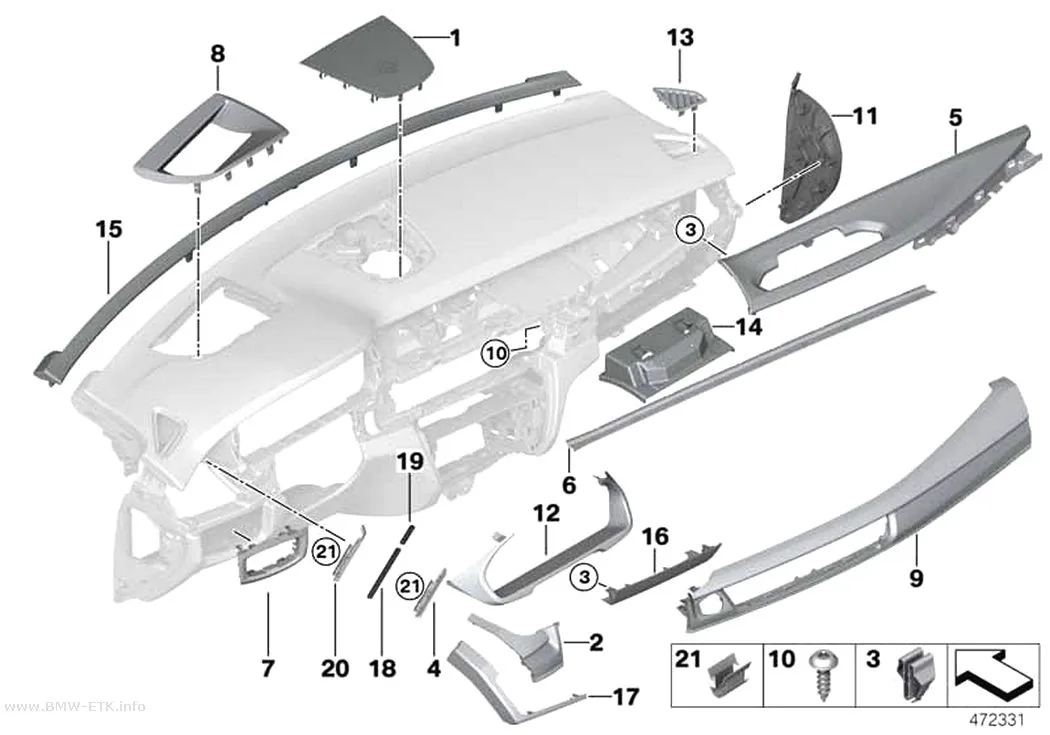 Šema: Gornji delovi za pričvršćivanje instrument table
