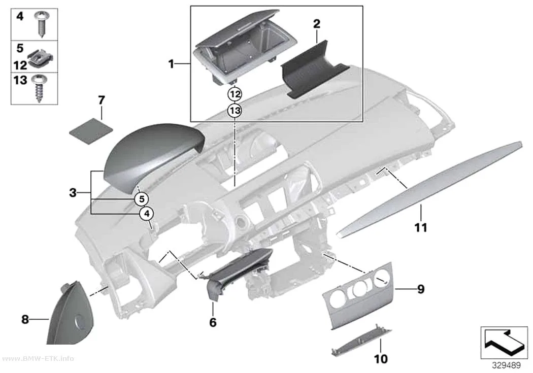 Šema: Gornji delovi za pričvršćivanje instrument table