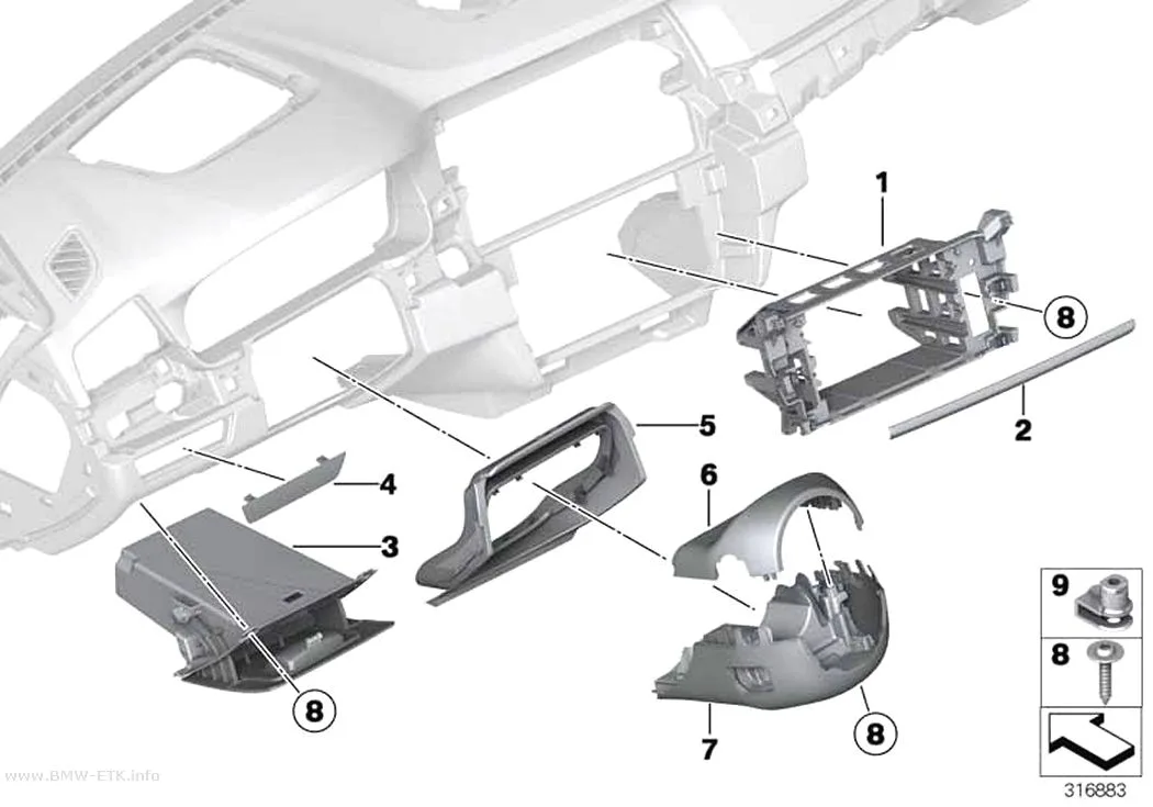 Šema: Donji delovi za pričvršćivanje instrument table