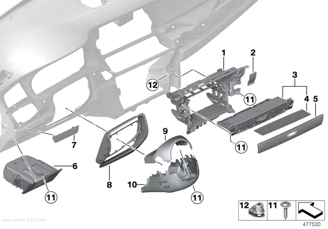 Šema: Donji delovi za pričvršćivanje instrument table