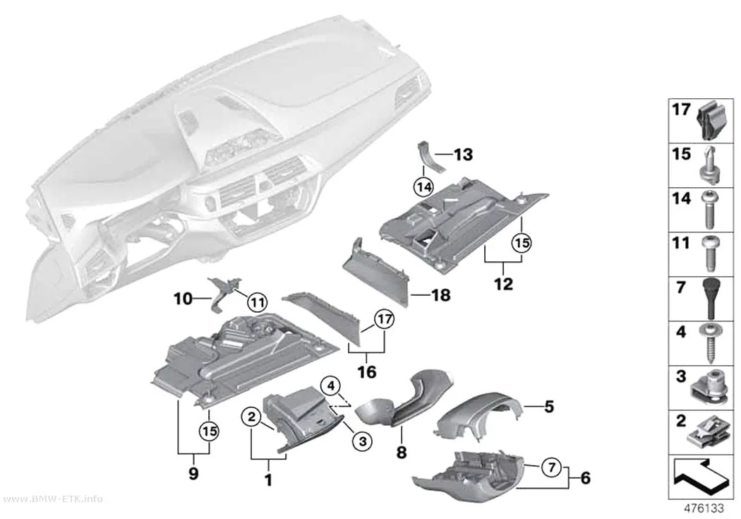 Šema: Donji delovi za pričvršćivanje instrument table