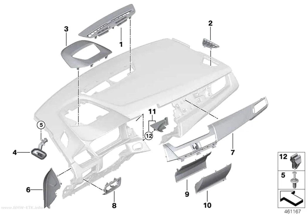 Šema: Gornji delovi za pričvršćivanje instrument table