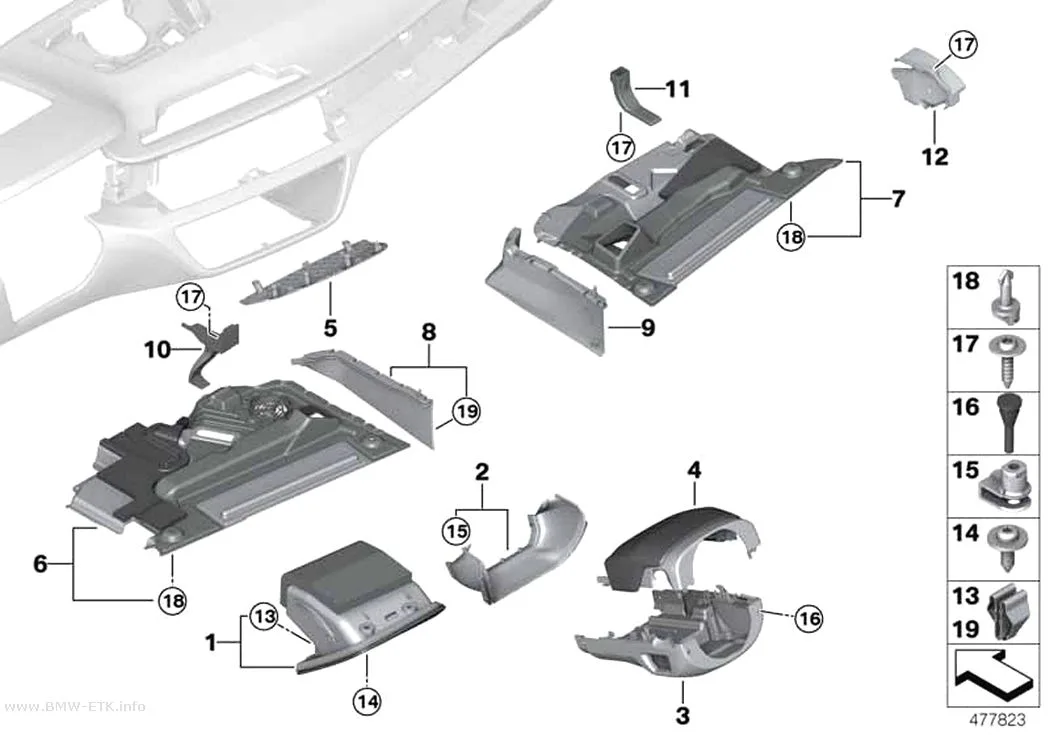 Šema: Donji delovi za pričvršćivanje instrument table