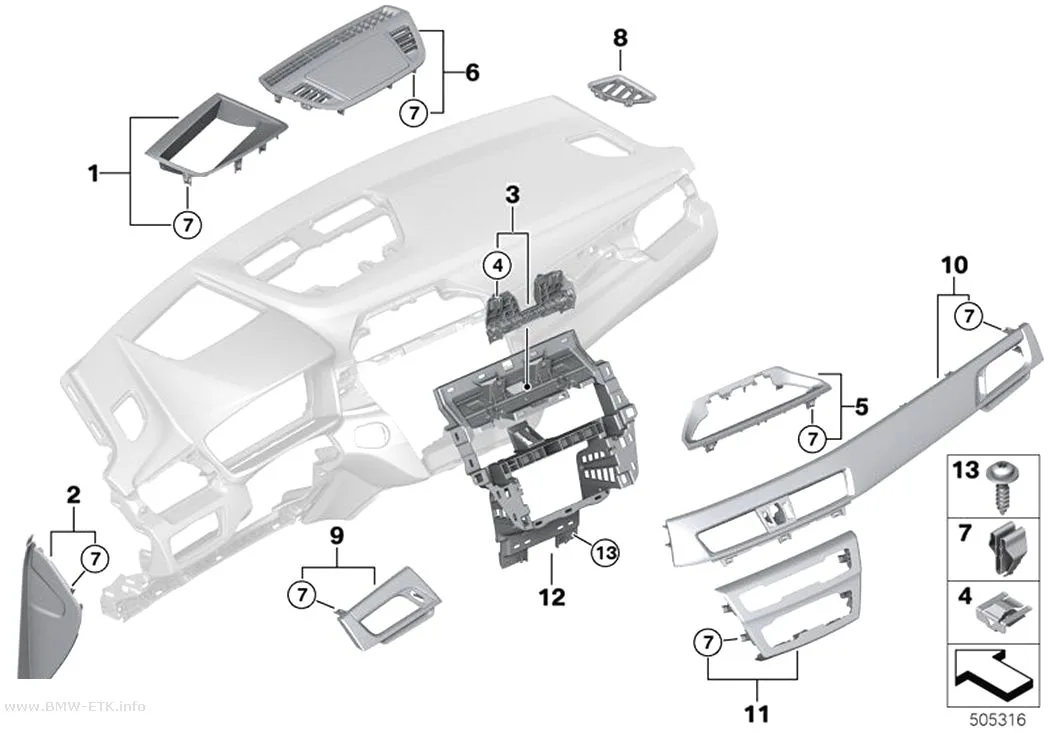 Šema: Gornji delovi za pričvršćivanje instrument table
