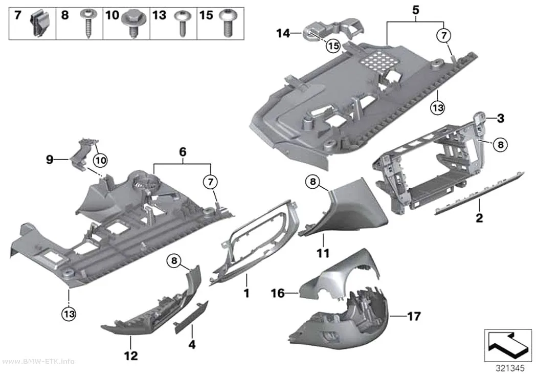 Šema: Donji delovi za pričvršćivanje instrument table